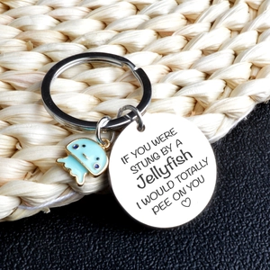 Funny stainless steel jellyfish keychain with engraved humor quote and blue charm