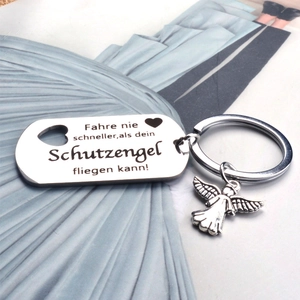 Porte-clés en acier inoxydable argenté avec pendentif ange et message gravé