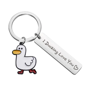 I Ducking Love You stainless steel keychain with cute cartoon duck charm and engraved tag