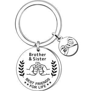 Stainless steel keychain with Brother and Sister engraving and pinky swear charm