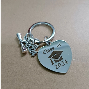 Class of 2024 stainless steel graduation keychain with heart charm and scroll pendant
