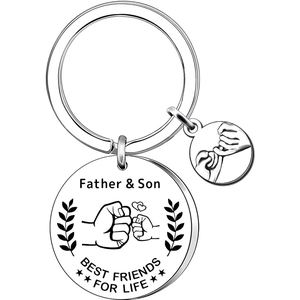 Detailed view of polished Father & Son stainless steel keychain with custom engraving