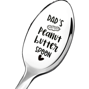 Polished stainless steel spoon engraved with Dad’s Peanut Butter Spoon text and peanut icons