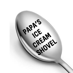 Father's Day stainless steel spoon with Papa's Ice Cream Shovel engraving and mirror finish