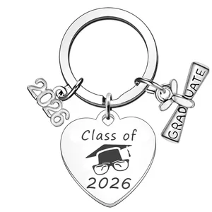 Stainless steel Class of 2026 graduation keychain with heart pendant and cap charms