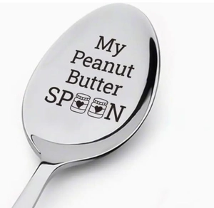Stainless steel spoon with My Peanut Butter SPOON engraving and cute heart icons