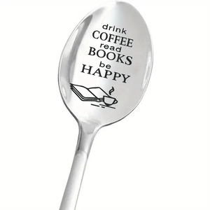 Cucchiaino da caffè in acciaio inox lucido con incisione Drink Coffee Read Books Be Happy
