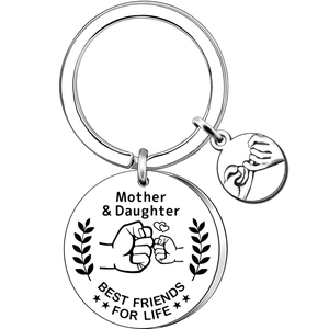 Polished stainless steel Mother Daughter keychain with engraved hand gestures and quotes