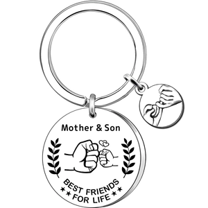 Detail of silver stainless steel keychain with Fist Bump engraving and Mother & Son text