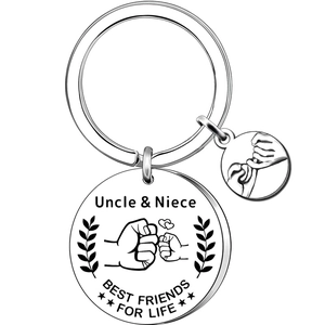 Macro detail of Uncle & Niece stainless steel keychain with best friends for life engraving