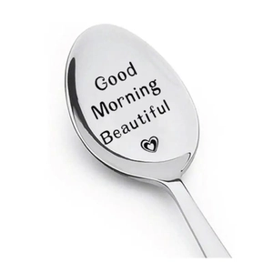 Cucchiaio in acciaio inox lucido con incisione Good Morning Beautiful e un cuore