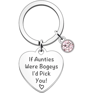 Macro detail of heart keychain with engraved text and pink zircon charm pendant