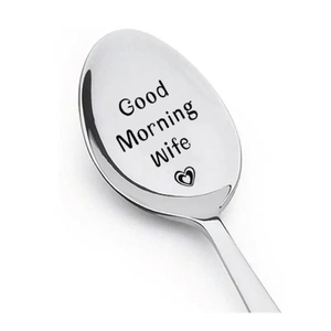 Cucchiaio in acciaio inox con manico lungo e incisione Good Morning Wife come regalo