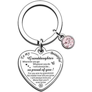 Polished silver heart keychain with pink gemstone and sentimental engraved text for family