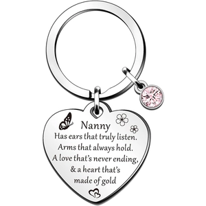 Detail of heart-shaped stainless steel keychain with pink crystal and engraved poem