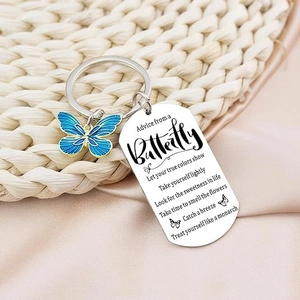 Inspirational butterfly stainless steel keychain with blue enamel charm and engraved quote