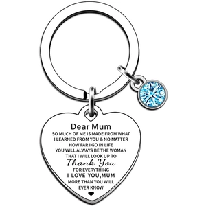 Polished silver heart keychain with blue gemstone and engraved message for Mother's Day
