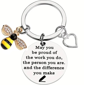 Bee Pencil Stainless Steel Engraved Keychain Appreciation Gift For Teacher Christmas Birthday Jewelry Bee Heart Charm Keyring