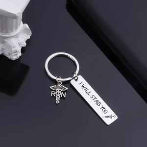 Nurse gifts stainless steel keychain set with Caduceus RN charm and humor engraving