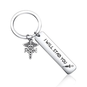 Stainless Steel Nurse Keychain Engraved I Will Stab You RN Caduceus Pendant Humorous Medical Professional Gift For Doctor Valentine Day