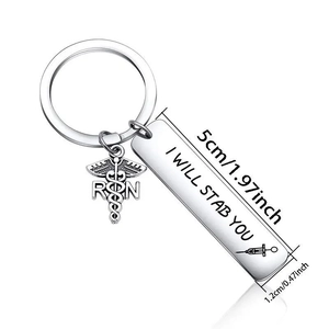 Funny nurse gift stainless steel keychain with I Will Stab You text and medical caduceus
