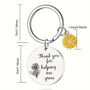 Stainless steel sunflower keychain with engraved Thank You message for parents and teachers