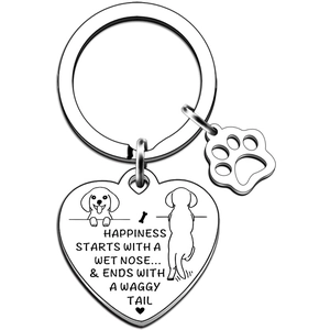 Detail of silver stainless steel keychain with heart pendant and hollow paw charm