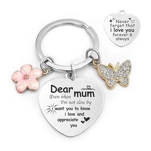 Stainless Steel Engraved Keychain Mom Mother's Day Birthday Gift Pink Flower Butterfly Charm Heart Pendant Thank You Present