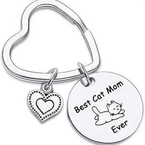 Best Cat Mom Ever Stainless Steel Engraved Keychain Cute Cartoon Cat Round Pendant Heart Keyring Gift For Cat Lover Women