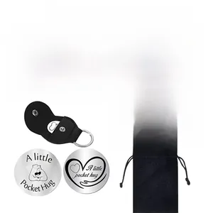 Stainless steel pocket hug coins with black leather case and velvet gift pouch set