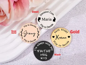 Decision coins in steel, rose gold, gold, and black with custom engraving and floral accents