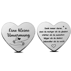 Silver stainless steel heart pocket hug coin with Du schaffst das German engraving