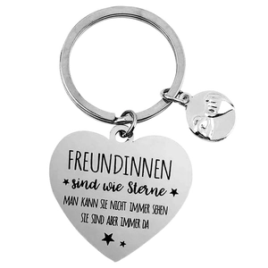 Detailed view of silver heart keychain with German text and friendship gesture charm
