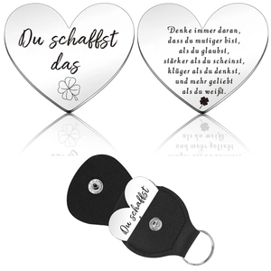 German Du schaffst das heart lucky coin with black leather keychain holder set