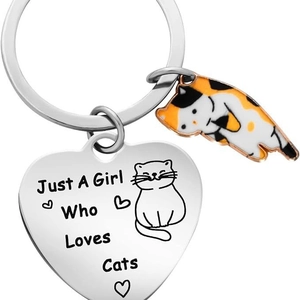Just a girl who loves cats stainless steel keychain with heart tag and calico cat pendant