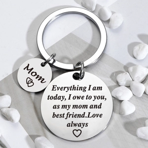 Stainless steel mom keychain with engraved thank you quote and heart charm on stones