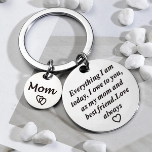 Polished silver stainless steel keychain for Mom with engraved gratitude quote and heart charm