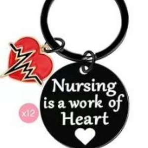 Set of 12 black stainless steel nurse keychains with heart and nursing quote