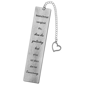 Close-up of brushed stainless steel bookmark with German text and heart pendant