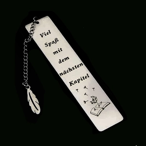 Polished stainless steel bookmark with German engraving and delicate feather pendant