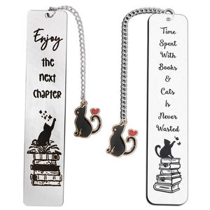 Detailed set of two stainless steel bookmarks with cat illustrations and tassels