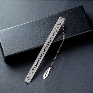 Polished stainless steel bookmark with 'Remember I love you mom' and feather pendant