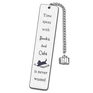 Detail of silver stainless steel bookmark with engraved cat and book-shaped pendant