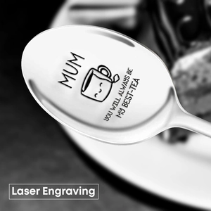 Laser engraved stainless steel spoon featuring MUM and Best-Tea text as Mother's Day gift