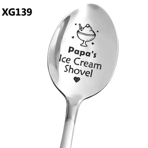 Polished stainless steel spoon featuring laser engraved Papa's Ice Cream Shovel text