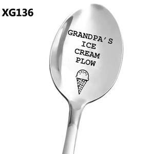 Macro shot of Grandpa's Ice Cream Plow engraved spoon made of polished stainless steel