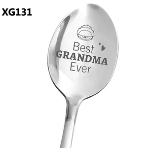 Detailed macro view of Best Grandma Ever engraved message on polished stainless steel spoon
