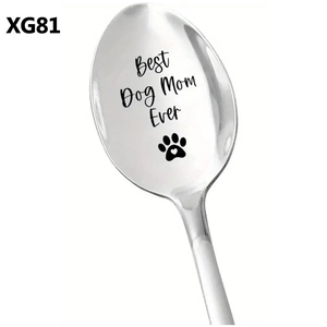 Detail of Best Dog Mom Ever engraving with heart paw on silver stainless steel spoon