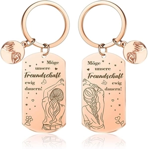 Rose gold stainless steel friendship keychain set with engraved German blessing and girl art