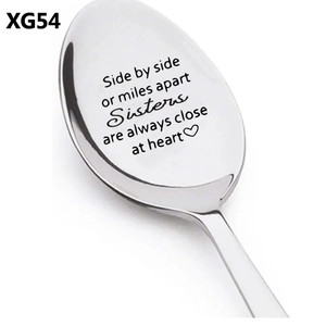 Macro shot of laser engraved stainless steel spoon with sentimental quote for family gifts